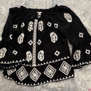 Cato Black Blouse with White Embroidery